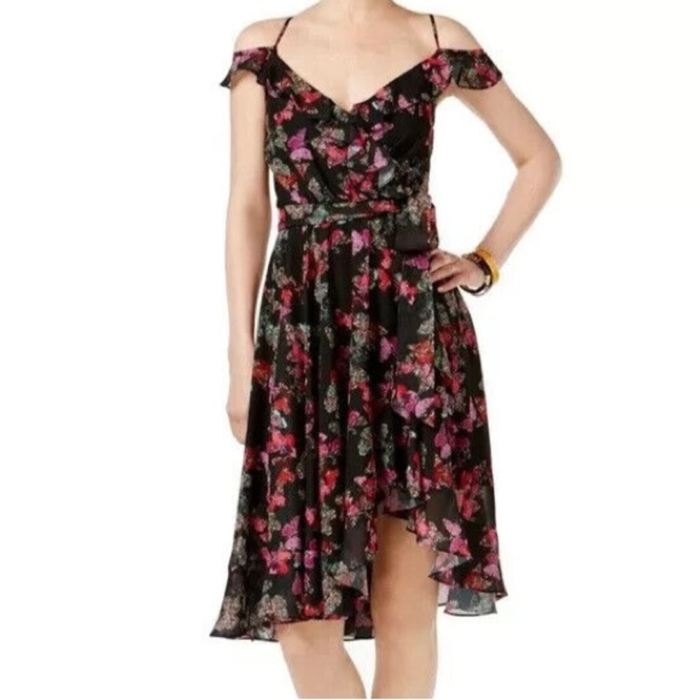 Betsey Johnson Dress Womens  10 Black Butterfly Off Shoulder Ruffle Midi Fairy